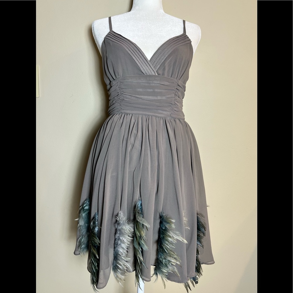 Gray TWELVE by TWELVE Short Dress W Blue Gray Feathers on Skirt! Size 4